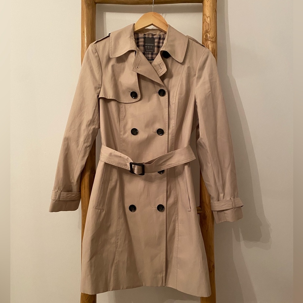 NWT! Primark Beige Double-Breasted Trench Coat Size 8 Preppy Fall Winter Trendy
